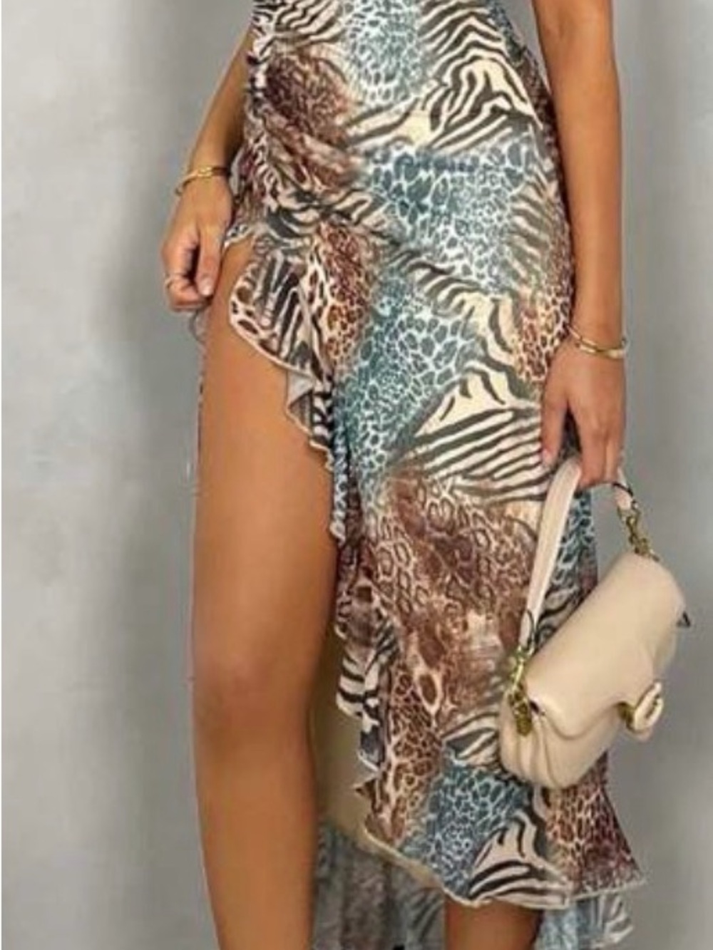 Animal Print Ruffled High-Slit Midi Dress in Blue & Brown
